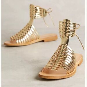 Anthropologie Cocobelle Ibiza Gold Metallic Leather Gladiator Sandals 8.5 39